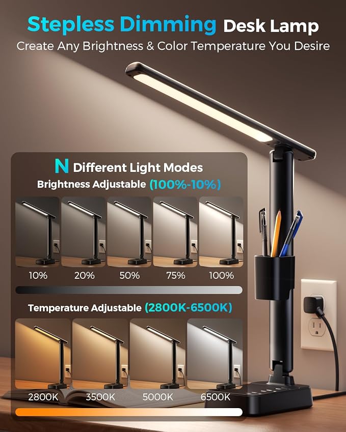 LED Desk Lamp with Power Strip, 3 AC Outlets, 4 USB Ports, Stepless Dimming | 2800K-6500K Color, 2 USB-C, Foldable Design, Timer & Memory, Study, Home Office & College Dorm, 10FT