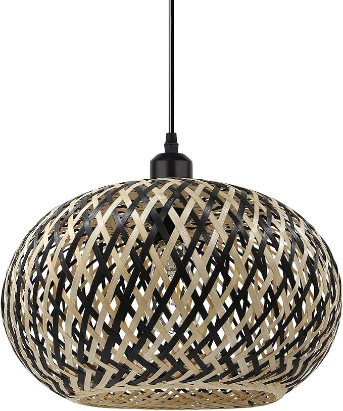 Island Pendant Light Black Natural Hand-Woven Bamboo Pendant Lights 1-Light Boho Light Fixtures Farmhouse Rustic Hanging Lamp for Living Room Dining Room Bedroom