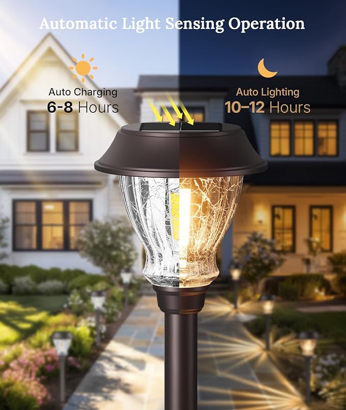 XMCOSY+ Solar Pathway Lights Outdoor, 6 Pack Warm White Landscape Lighting | Crackled Glass Solar Garden Lights, IP65 Waterproof, Soft 2700K LED, Auto On/Off Landscape Lights for Path, Yard, Walkway