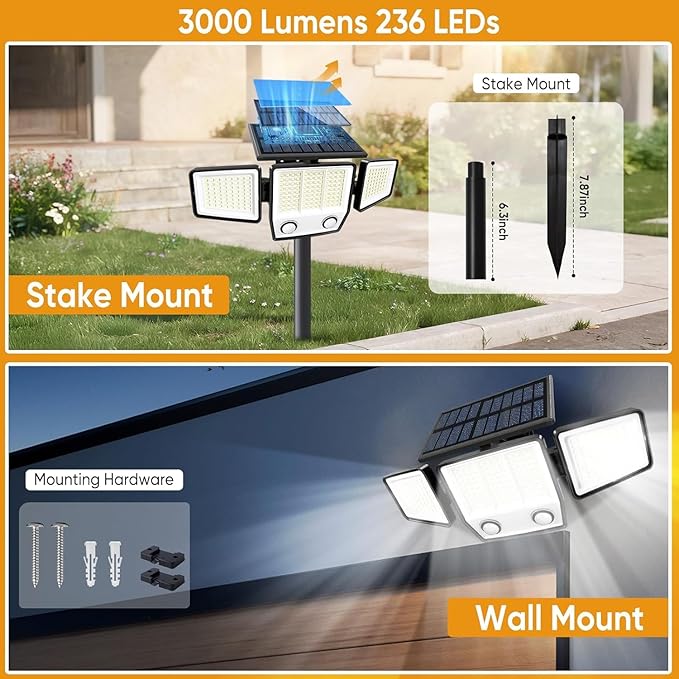 Solar Motion Sensor Outdoor Lights Waterproof - 3000LM 3 Modes Security Lights Outdoor 270° Illumination IP65 LED Solar Flood Wall Light for Garden Yard Patio Pathway (with Stakes, 4)