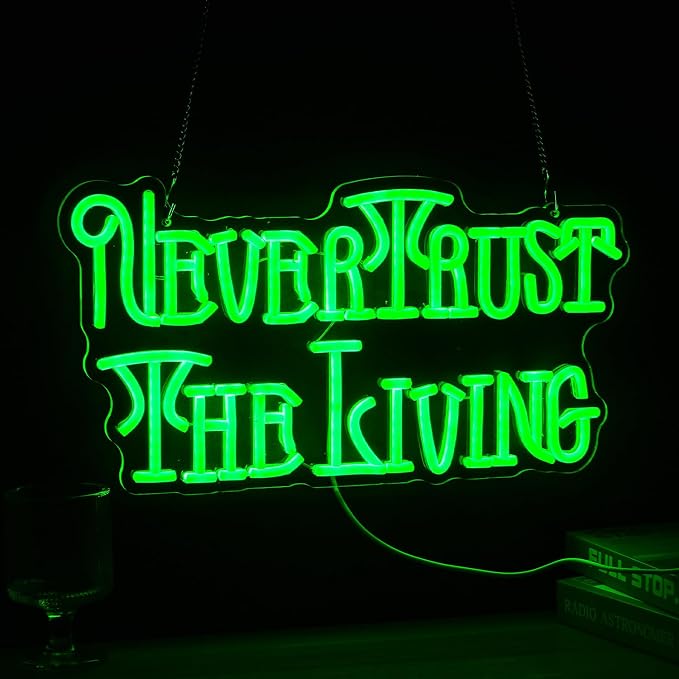 Never Trust The Living Neon Sign Cool Green Led Neon Light For Wall Decor Dimmable USB Powered Letters Light Up Sign For Halloween Party Chamber of Secrets Script killing Terror House Man Cave Room Neon Decor(17.3''*9.3''）