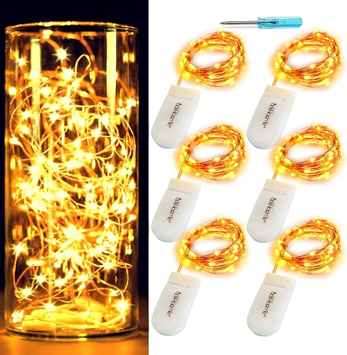 6 Pack 7Ft Starry String Lights No Remote Fairy String Lights,20 LED Amber | 20 Micro Starry Amber LEDs,Waterproof Copper Wire,CR2032 Battery Included,DIY Wedding Centerpiece,Party,Christmas Table Decor