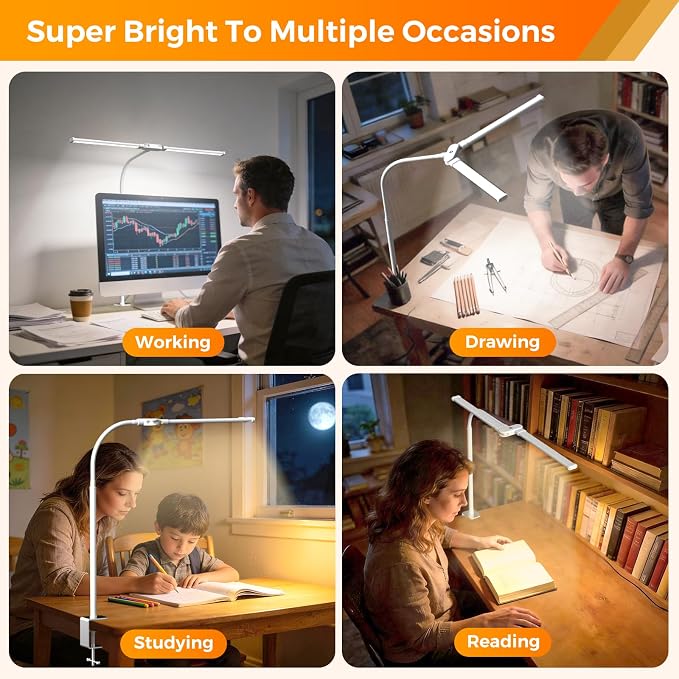 LED Desk Lamp with Clamp - Double Head Desk Light with Remote and Touch - Eye Protection - 12 W, 5 Color Modes, Timer and Memory Function, Flexible Gooseneck - for Office, Reading - White