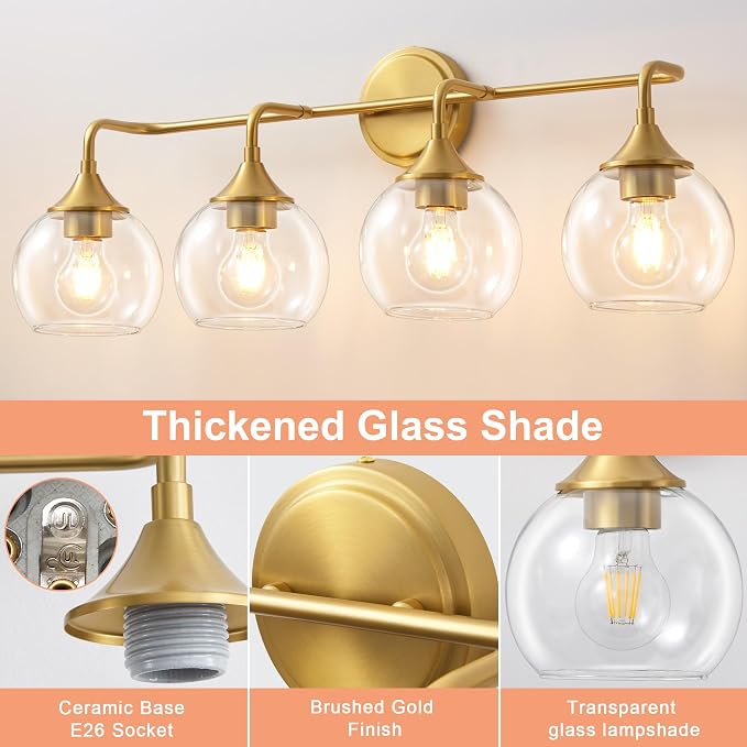 Bathroom Vanity Lights Gold 4 Light Modern Vanity Light 31" | Farmhouse Bathroom Light Fixtures Over Mirror, Thickened Clear Glass Shade, UL E26 Dimmable Vanity Lighting Fixtures