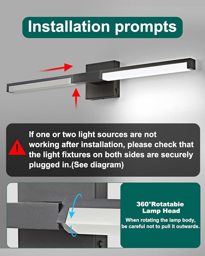 Modern Bathroom Light Fixtures Over Mirror, 24 Inch Matte Black Vanity Light Bar for Bathroom, 12W 5CCT Diammable Wall Light