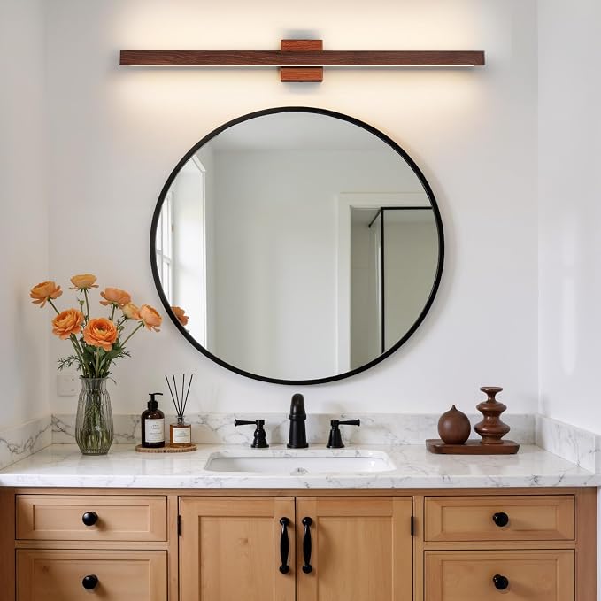 Modern Bathroom Light Fixtures Over Mirror, 39 Inch Brown Wood Finish Vanity Light Bar 30W Dimmable 5CCT LED Vanity Lights for Bathroom Wall Lighting Fixtures Over Mirror