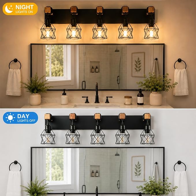 Farmhouse Vanity Light Fixture,5-Light Bathroom Lighting,Black Industrial Wood Wall Light Over Mirror with Metal Shade,LED Bulbs Not Included