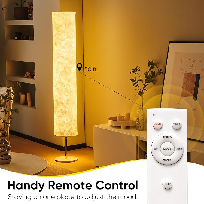 Soft Floor Lamp 3 Color Remote LED Living Room Bedroom conner floor light | Shade column paper with Tyvek Fabric Brightness Adjustable for Living Room Bedroom Game Room