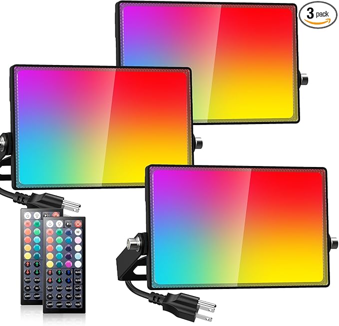 Onforu RGB LED Flood Light Outdoor, 25W Color Changing Stage Lights with Remote, 2700K Warm White Uplights for Events 3 Pack, IP66 Uplighting Indoor for Halloween, Party, Wall Wash, Landscape
