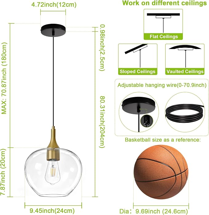 9.45in Black Gold Pendant Lights Kitchen Island with Clear Glass Shade 1PC | Handcrafted Glass Pendant Light Fixtures, UL Certified, E26 Base 100W Max, Height-Adjustable, Dimmable Hanging Pendant Light