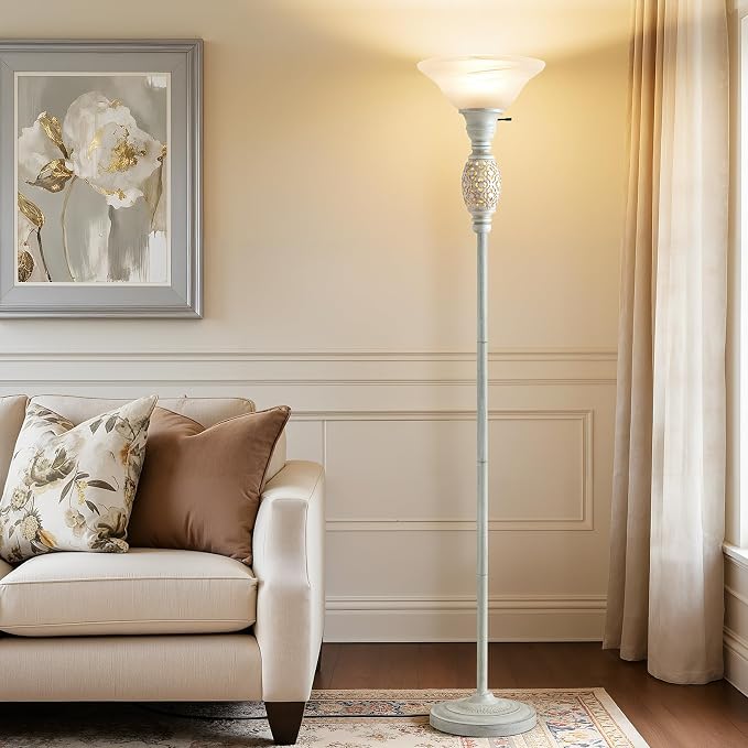 70" Torchiere Floor Lamp with NightLight, Etched Glass Shade, Bulb Included | Floor Lamps for Living Room, Bedroom, Office - vintage floor lamp with Rotary Switch , Home Decor, Bulb Included