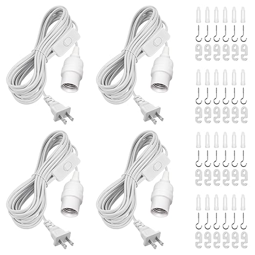 DiCUNO Hanging Lantern Extension Cord Cable, E26 Pendant Light Socket On Off Inline Cord Switch Control Lamp, Switch Close to Polarized Plug, 20 Feet (6M), White, 4-Pack