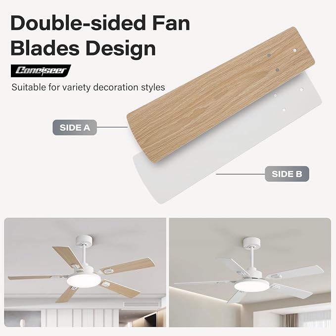 60 Inch Ceiling Fans with Lights and Remote, Bedroom Living Room Office Library Cafe Outdoor Industrial, 5CCT Dimmable, Dual Color 5 Blades, 6 Speed Reversible Quiet DC Motor, White/Wood Grain