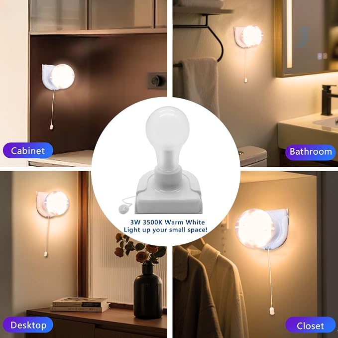 Stick up Closet Light Bulb, 4Pack Battery Operated Bulbs with Pull Chain | Zwesanii Wireless LED Lights Self Adhesive Wall Mounted Fixtures for Cabinet Bedroom Hallway, Clear Cover, Warm White,3W