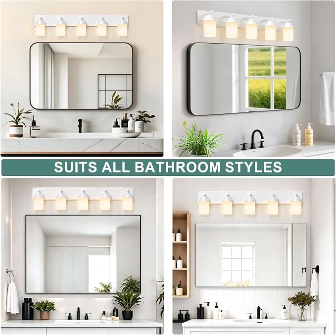 IZORRO Bathroom Vanity Light Fixture, 5-Light 36 Inch White Bathroom Light Fixtures Over Mirror, with White Glass Shade, Modern Farmhouse Vanity Lights, Rustic Restroom Lighting Fixtures