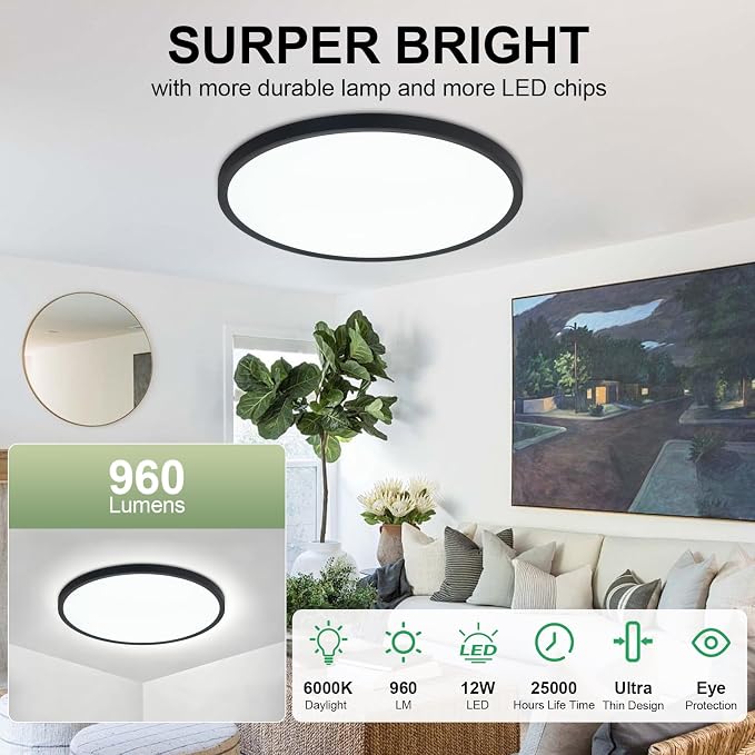 LED Flush Mount Ceiling Light: 7 inch 1Pack Super Slim Dimmable & 5CCT (2700-6500K) Kitchen Lighting Fixtures Ceiling - 12W Black Low Profile Ceiling Lamp for Bedroom Garage Hallway