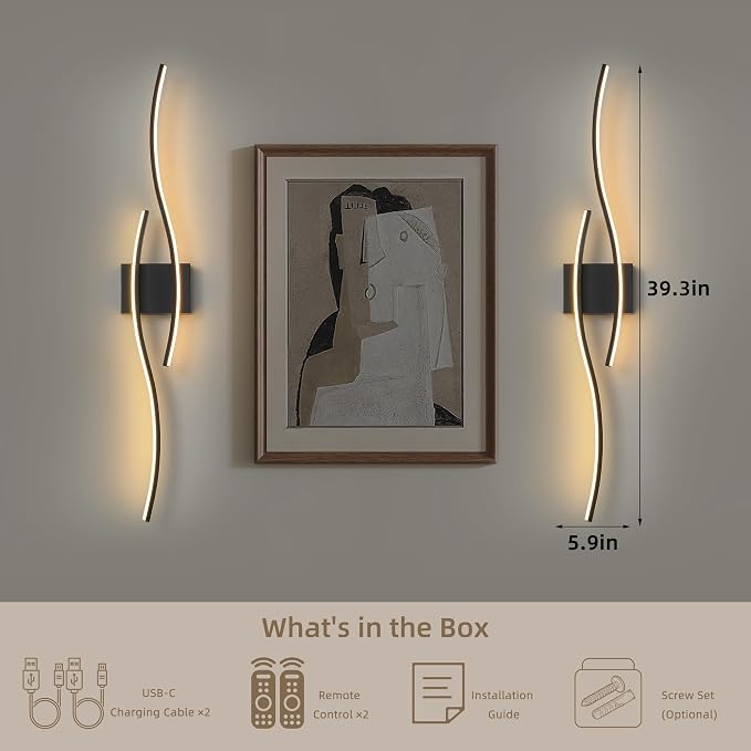 Battery Operated Wall Sconce Set of 2, Dimmable Modern LED Wireless Wall Light with Remote Control, Sconce Wall Decor for Living Room, Hallway, Quick Install, No Electrician Required