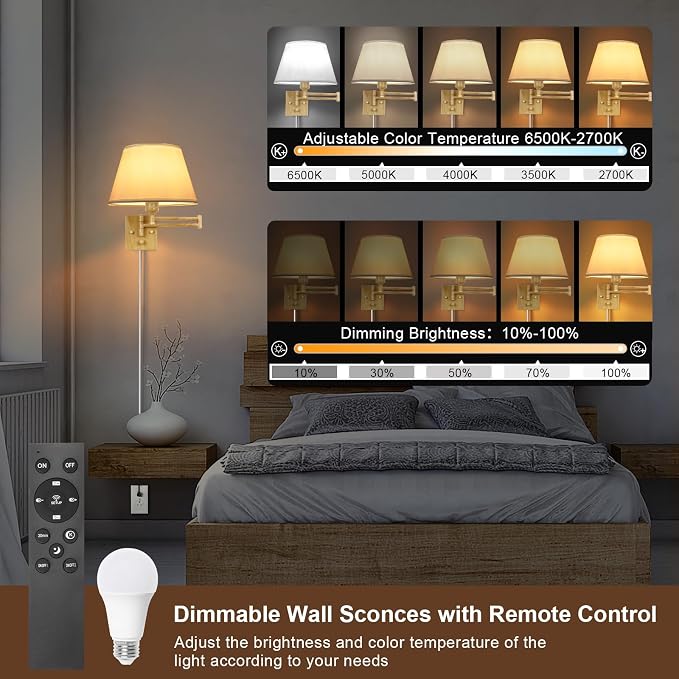 TRLIFE Remote Control Dimmable Wall Sconce, Adjustable Color Temperature 2700K-6500K Brushed Brass Swing Arm Wall Lights with Plug in Cord, 11.8" Large White Shade(2 Pack, Oak Color)