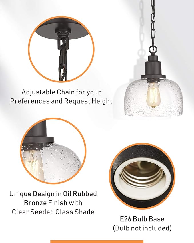EAPUDUN 1-Pack Farmhouse Pendant Light, 1-Light Industrial Hanging Light Fixture with 9.3" Round Seeded Glass Shade, Dark Bronze Finish, Vintage Ceiling Lighting for Kitchen Island & Dining Room