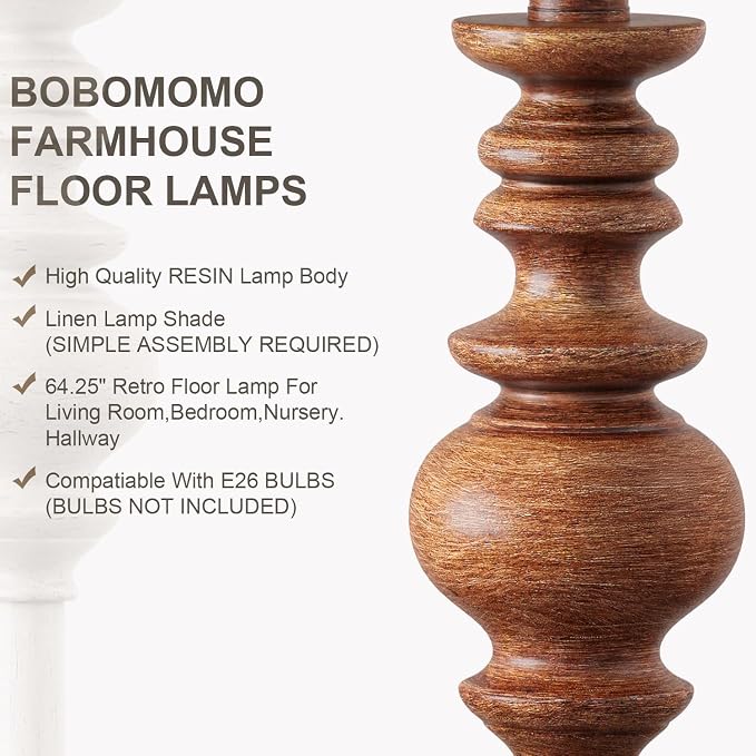 BOBOMOMO 64.25" Rustic Floor Lamp for Living Room, Tall Antique Brown Standing Lamp with Rotary Switch, Vintage Reading Lamp for Bedroom, Office & Study, Farmhouse Home Decor Corner Lamp