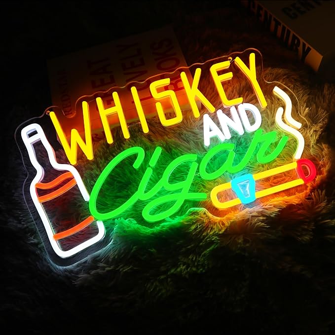 Whiskey Cigar Neon Sign for Wall Decor Dimmable Whiskey Bar Led Sign for Lounge Cigarettes Neon Light for Home Pub Beer Bar Man Cave Wine Cellar Hotel Bedroom Party Decor
