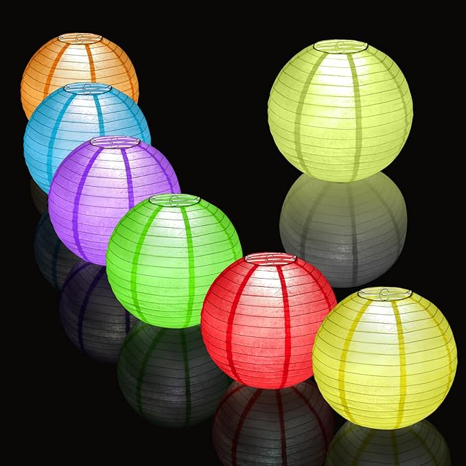 12pcs Paper Lanterns with 12pcs LED Lights, 6" 8" 10" 12" Round Hanging Ball Lantern for Wedding Anniversary Birthday Party Decorations