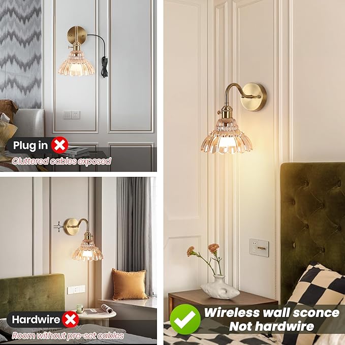 Vintage Battery Operated Wall Sconces Set Of Two, Indoor not Hardwired Brass Amber Glass Lampshade Fixtures,Rechargeable Wireless RGB Wall Lights with Dimmable Remote Control,for Bedroom Living Room