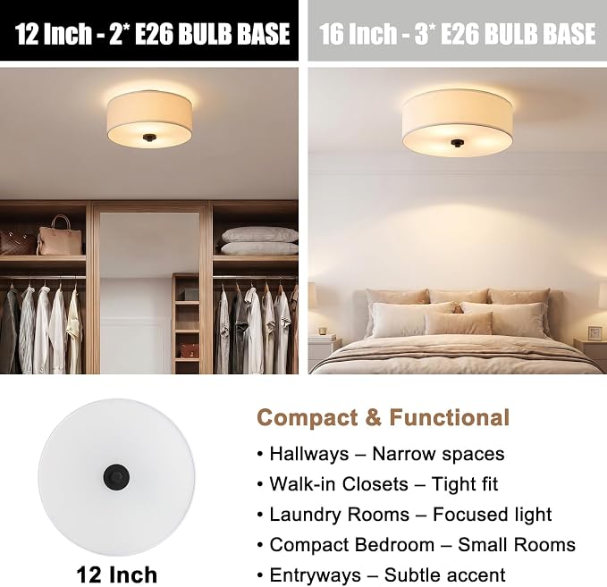 2-Light Flush Mount Ceiling Light Fixture, 12” Modern Close to Ceiling Light with White Fabric Drum Shade, Round Ceiling Light for Bedroom Hallway Living Room Bathroom Dining Kitchen | Modern Close to Ceiling Light,White fabric shade,E26,Great for comp...