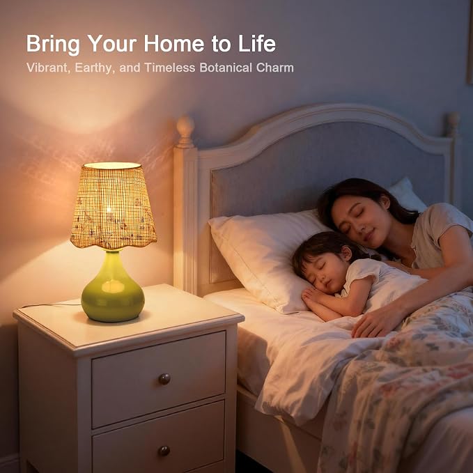 Ziqqeelam Green mall Bedside Cute Table Lamp for Bedroom, Table Lamps for Nightstand, Scalloped Rattan Shade Table Lamps for Small Spaces for Bedroom, Home Office, Living Room