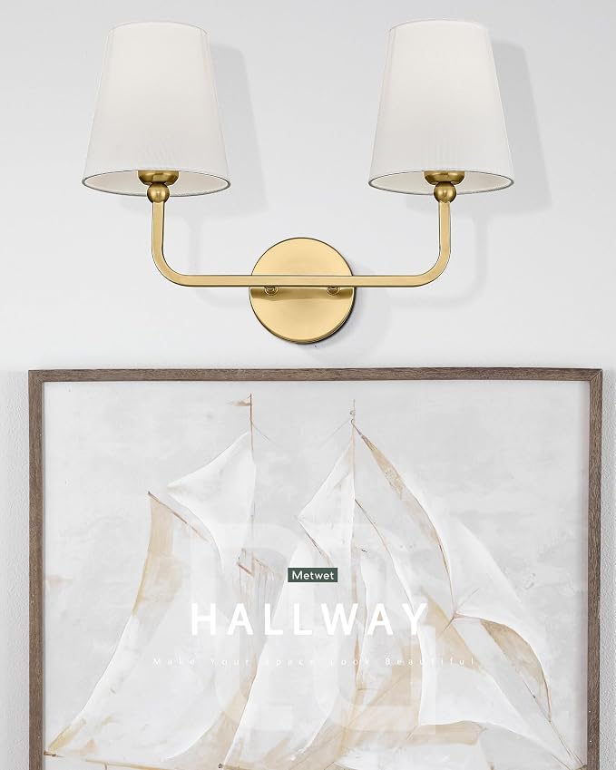 2 Light Bathroom Vanity Light, Brushed Gold Double Wall Sconce with Flared White Fabric Shade, Modern Sconces Wall Lighting for Hallway Bedroom Stairway, VL837-BG | 17" double wall sconce, upward only, E26 base, hardwired, bulbs not included, VL837-BG