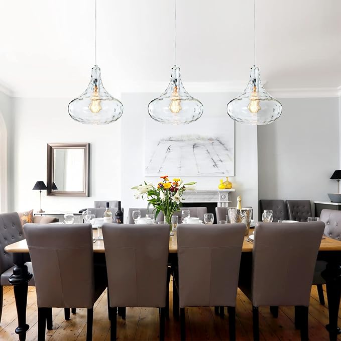 Hammered Glass Pendant Light, 11" Handblown Shade, Chrome Finish, Adjustable Hanging Cord, Vintage Ceiling Light for Kitchen Island, Dining Room, Hallway | Adjustable hanging cord, compatible with E26 bulbs, vintage pendant lighting for kitchen island,...