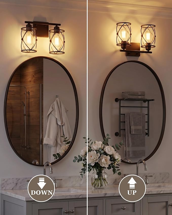 2-Light Oil Rubbed Bronze Bathroom Light Fixtures Over Mirror, 13.2" UL-Listed Modern Farmhouse Wall Sconce Lights with Clear Glass and Metal Cage for Bath, Hardwire E26, CH9176ORB-2W
