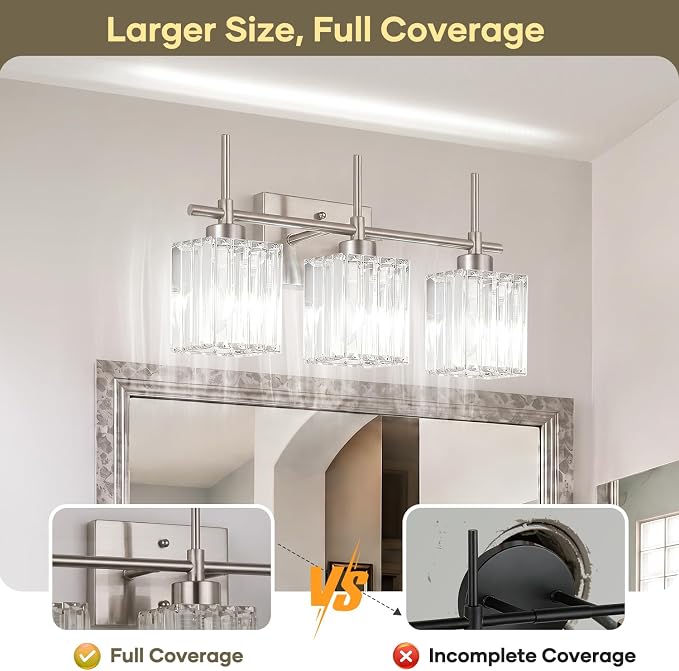 Torondo Modern Crystal Bathroom Vanity Light 3-Light Brushed Nickel Bathroom Light Fixtures Over Mirror Vanity Lighting Fixtures Square Shade Wall Sconce (Bulbs Not Include)