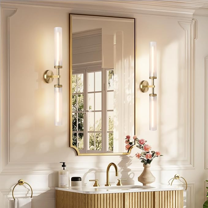 2Pc 30" Knurled Brass 2 Light Wall Sconces, Long Modern Hardwired Bathroom Vanity Light, Frosted Glass Tube Linear Wall Light Fixtures, for Mirror,Bedroom,Living Room,Hallway
