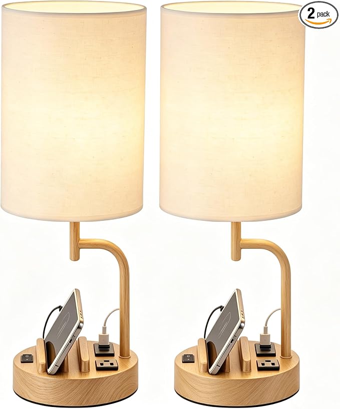 Dreamholder 2 Pack Table Lamp, Bedside Lamp with 3 USB Charging Ports & AC Outlet, USB Desk Lamp with 2 Phone Holders, Linen Fabric Shade Nightstand Lamps for Bedroom Living Room Office, Woodgrain