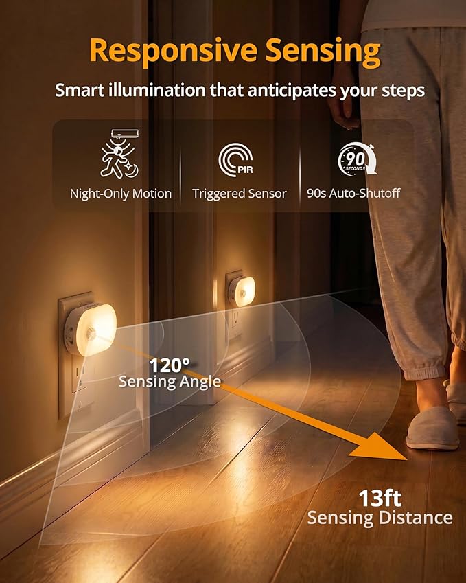 120LM Ultra Bright Plug-in Motion Sensor Night Light, 6-Pack | Stepless Dimmable, Auto-Off, LED Warm White Nightlight for Bathroom, Bedroom, Hallway, Stairs, Garage, Travel-Friendly