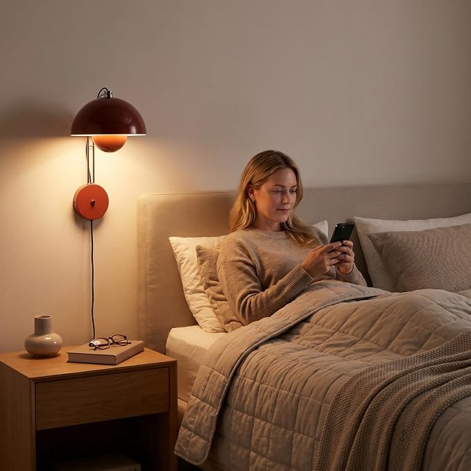 COSYLUX Mid-Century Modern Bud Plug in Wall Sconces, Rust Red | Indirect lighting reading wall lamp, all-metal construction, plug-in or hardwired install, fits bedroom bedside, living room