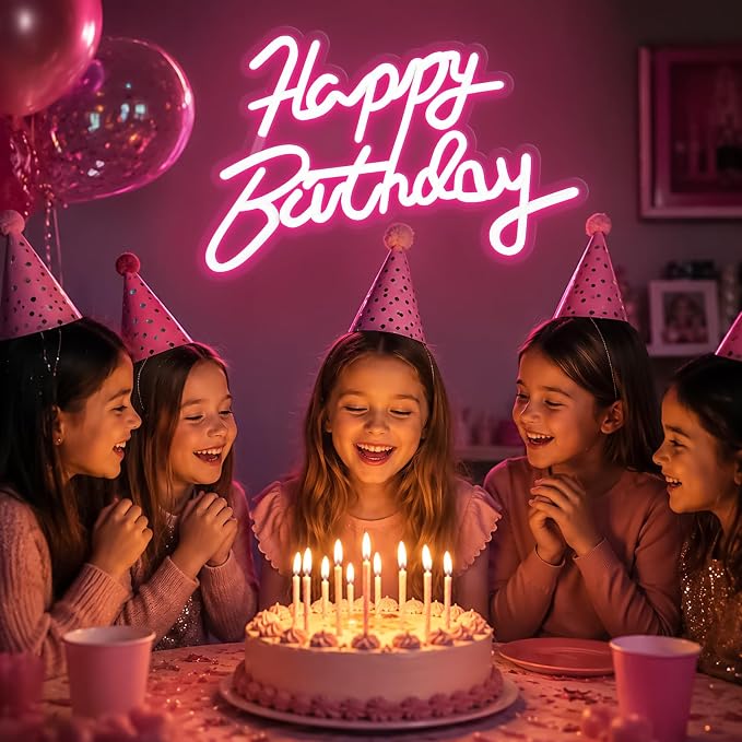 Happy Birthday Neon Sign for Wall Party Decor, LED Happy Birthday Light up Sign for Backdrop, 16"x 11" USB Powered 10 Brightness Settings Light up Signs Party Decorations Backdrop, Pink