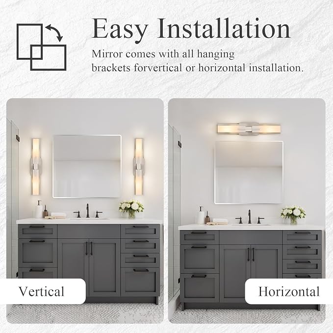 VitaLink 24” Bathroom Vanity Light, Satin Nickel 2-Light Frosted Glass Wall Lights for Bathroom Hardwired Wall Mount Lighting Fixtures for Living Room Bedroom E12