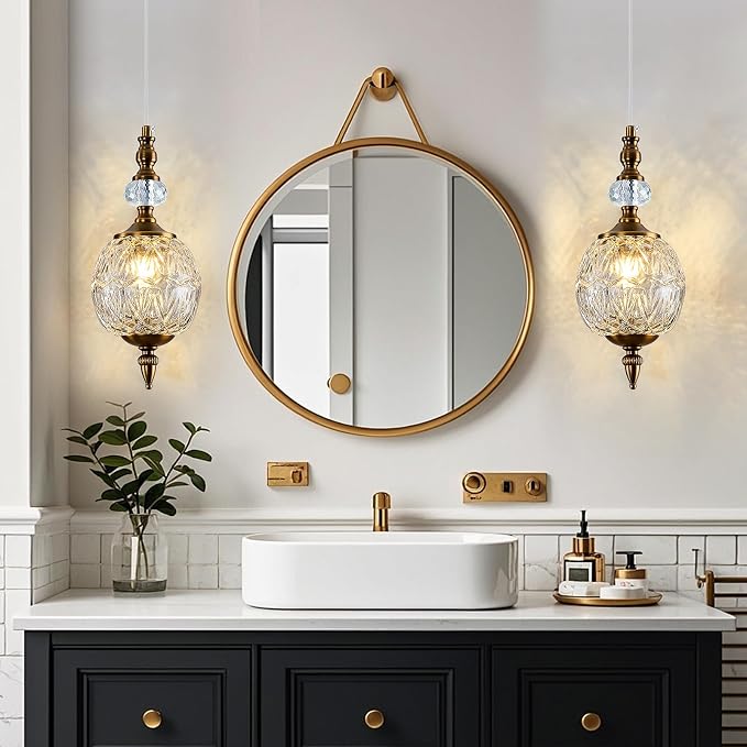 Piepooye 4.72" Vintage Mini Gold Glass Pendant Light for Kitchen Island | Antique Brushed Brass Chandelier Adjustable Hanging Ceiling Light Fixture Farmhouse Dining Room Bedroom Foyer Entryway