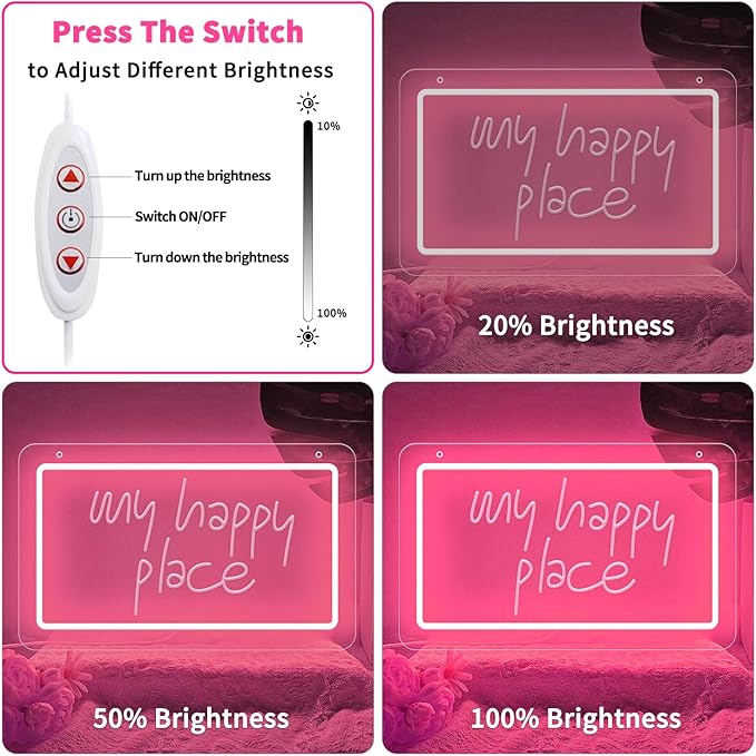 My Happy Place Neon Sign,Dimmable Pink LED Neon Signs for Wall Decor, USB Powered LED Letter Neon Signs, 3D Art Carving Design Light for Christmas Party Wedding Living Room Birthday Gift