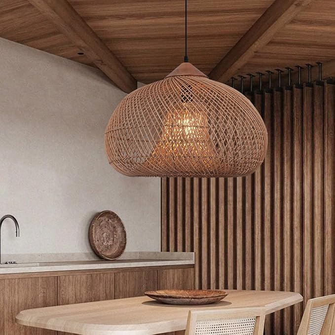 Large Oversized Bamboo Light 19.7inch Hand Woven Wicker Chandelier 1-Light E26 Base for Stairwell, Hallway, Entryway, Indoor Lighting