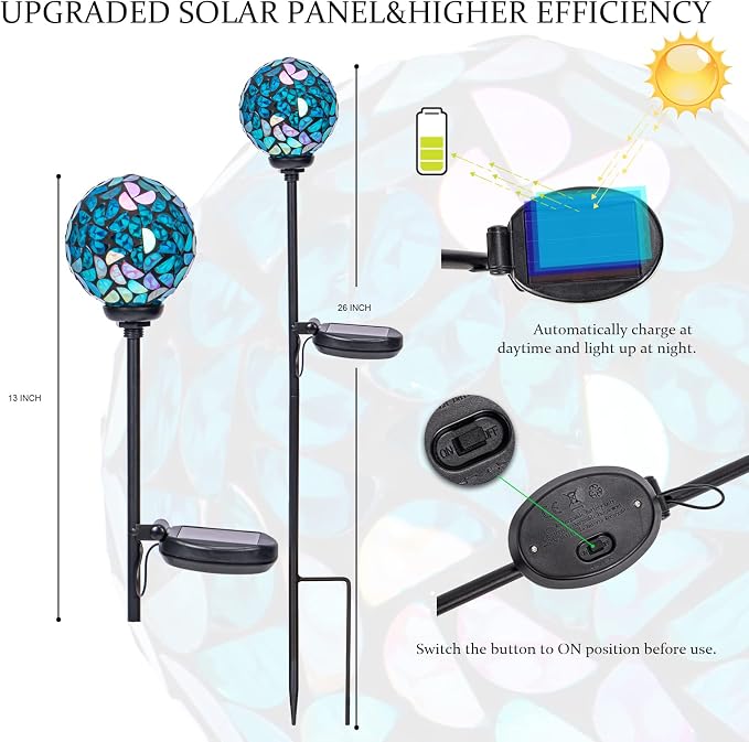 VCUTEKA Decorative Solar Garden Lights, 3.5" Mosaic Globe Outdoor Stake | Mosaic Glass Globe Design, Solar LED Light, Waterproof Design, Auto On/Off and Metal Stake Design for Lawn and Patio