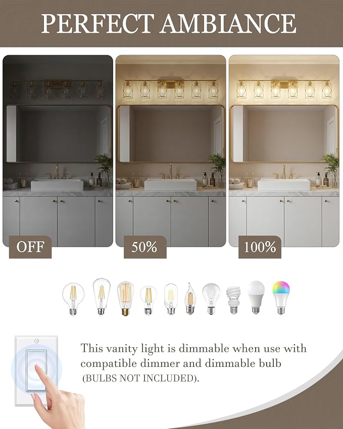 6-Light Brushed Gold Bathroom Light Fixtures Over Mirror, 42" UL-Listed Modern Wall Sconce Lights with Clear Glass and Metal Cage for Bath, Hardwire E26, CH9176BG-6W