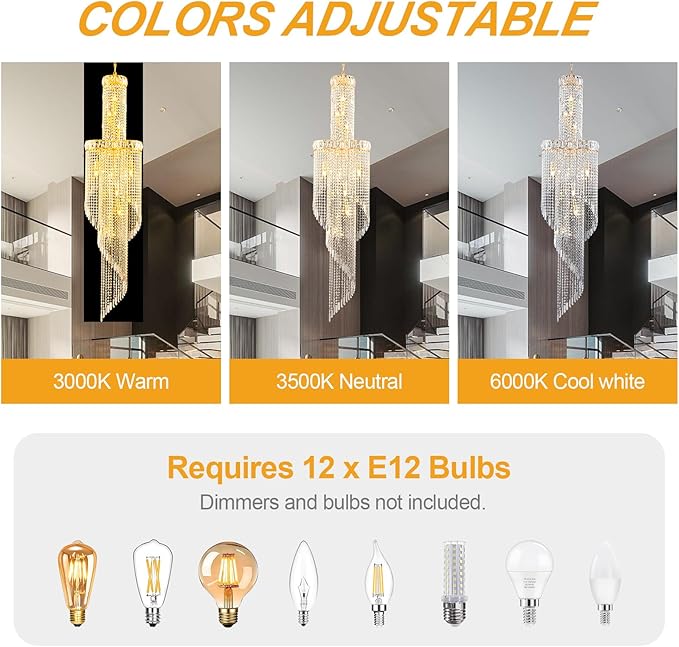 73-Inch Spiral Crystal Beaded Strands Chandelier for High Ceiling, 9-Lights Luxury Gold Foyer Pendant Light, Modern Semi-Flush Mount Ceiling Light Fixture for Entryway Staircase