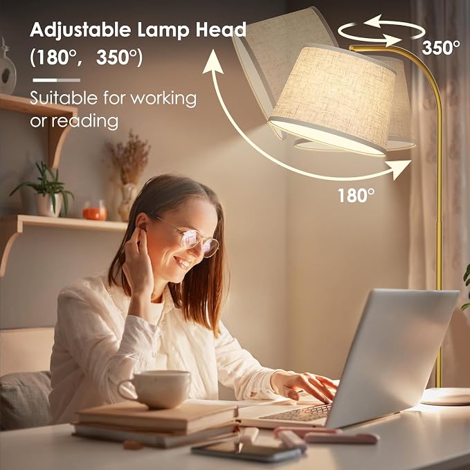 Karjoefar 64" 3 Color Dimmable Gold Arc Floor Standing Lamp with Remote | Floor Lamp with Adjustable Linen Shade, 350° H & 180° V Rotation, 9W Bulb, Floor Lamps for Living Room, Bedroom & Office