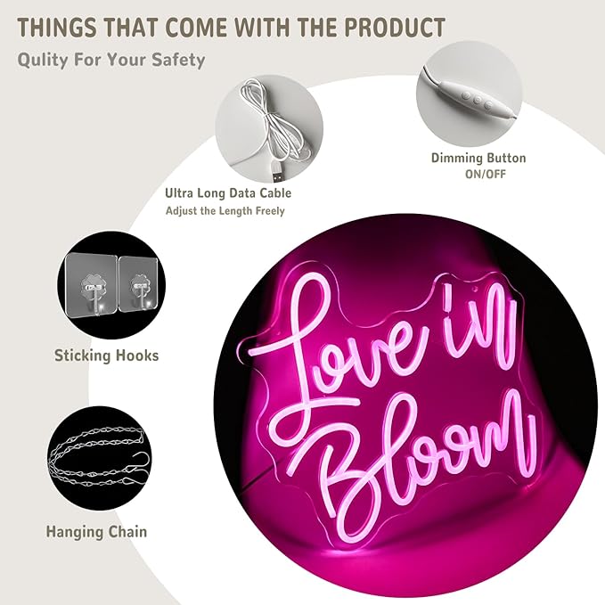 Love In Bloom Neon Sign for Wall Decor Letter Neon Light for Bridal Shower Dimmable Wedding Neon Light Sign for Wedding Decoration
