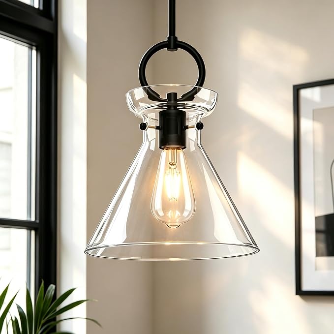 Glass Pendant Lights Kitchen Island Black 9.84'' Clear Glass Shade | Modern Pendant Lighting Over Sink, Adjustable Hanging Ceiling Light, E26 Dimmable Hardwired for Dining Room Hallway, 1-Pack