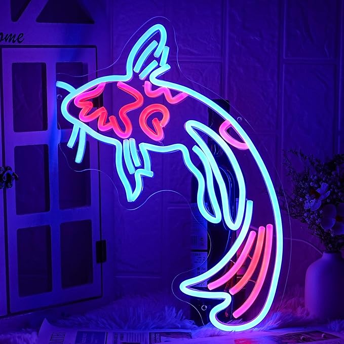 Koi Fish Neon Sign - Japanese Carp LED Neon Lights in Blue & Red, Lucky Fish Wall Decor 17"x9.5" with USB/Switch Dimmable for Bar, Restaurant, Office, Fishroom, Koi Pond
