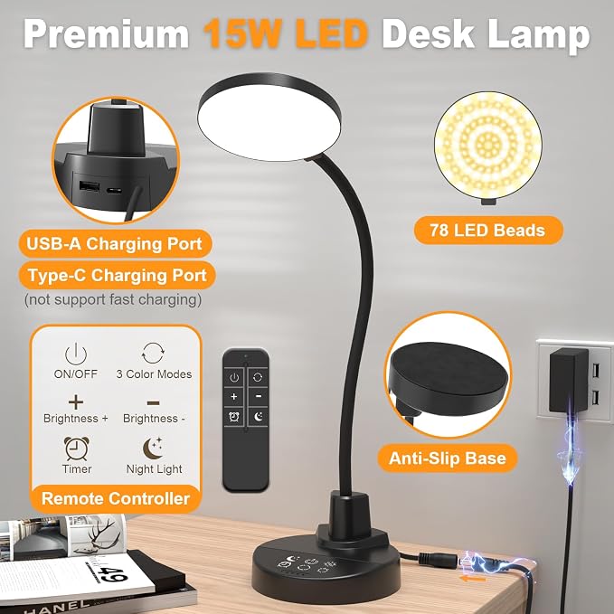15W LED Desk Lamp with USB Charging Ports, [Button & Remote Control] Dimmable Table Lamp with 3 Color Modes, 5 Brightness Levels, 4 Timers, Flexible Reading Light for Home Office, Bedroom, Kids Study